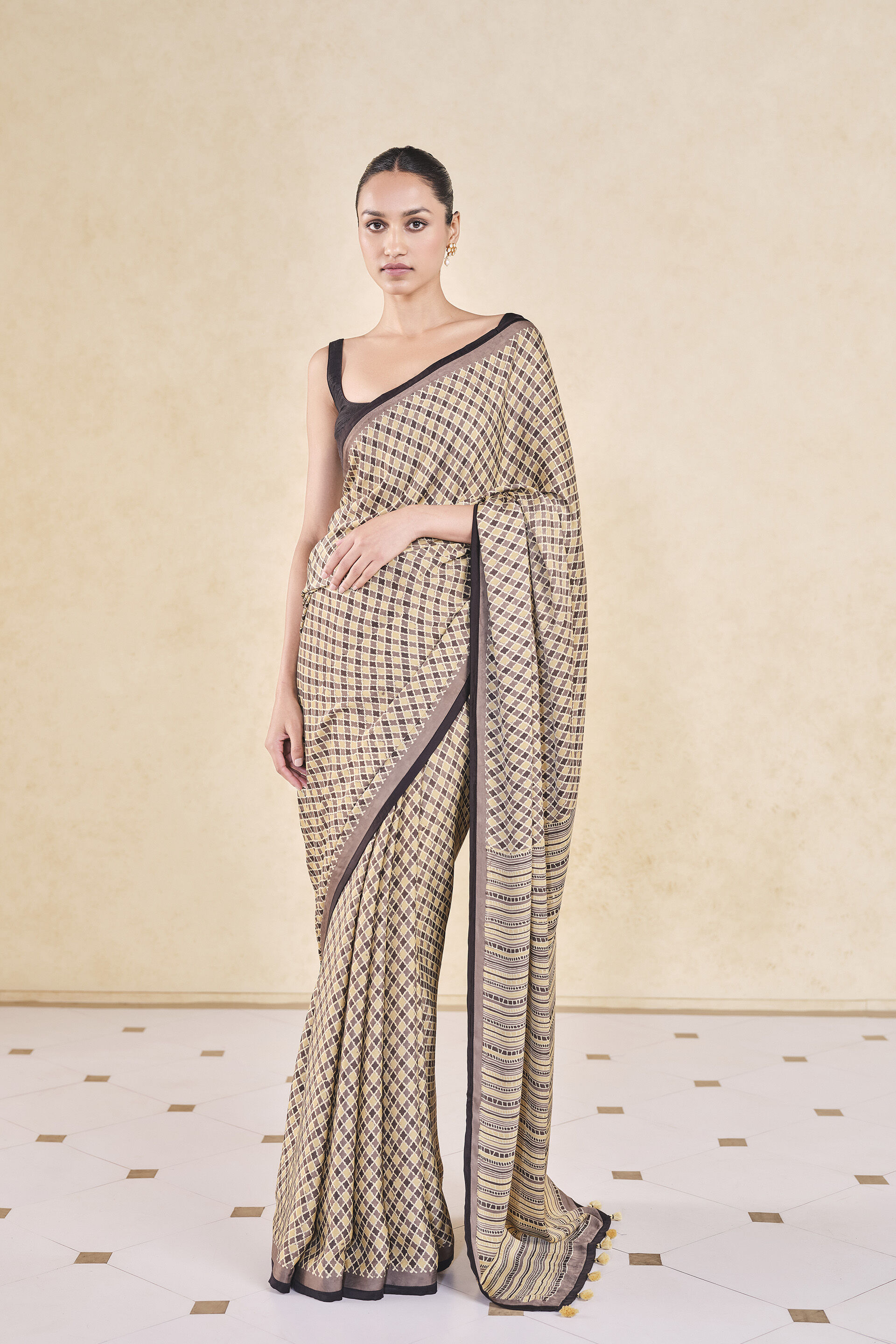 Briscoe Handcrafted Ajrakh Saree, Mustard, image 1